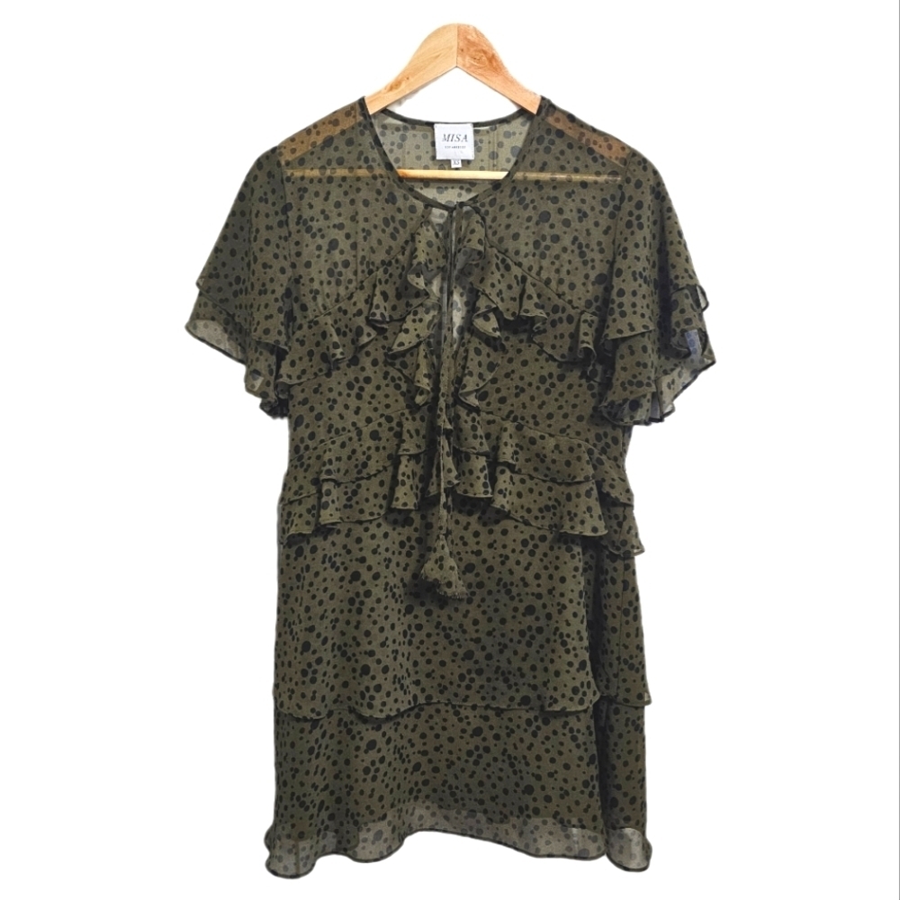 Misa Los Angeles dotted green chiffon flutter tiered short sleeve midi dress
